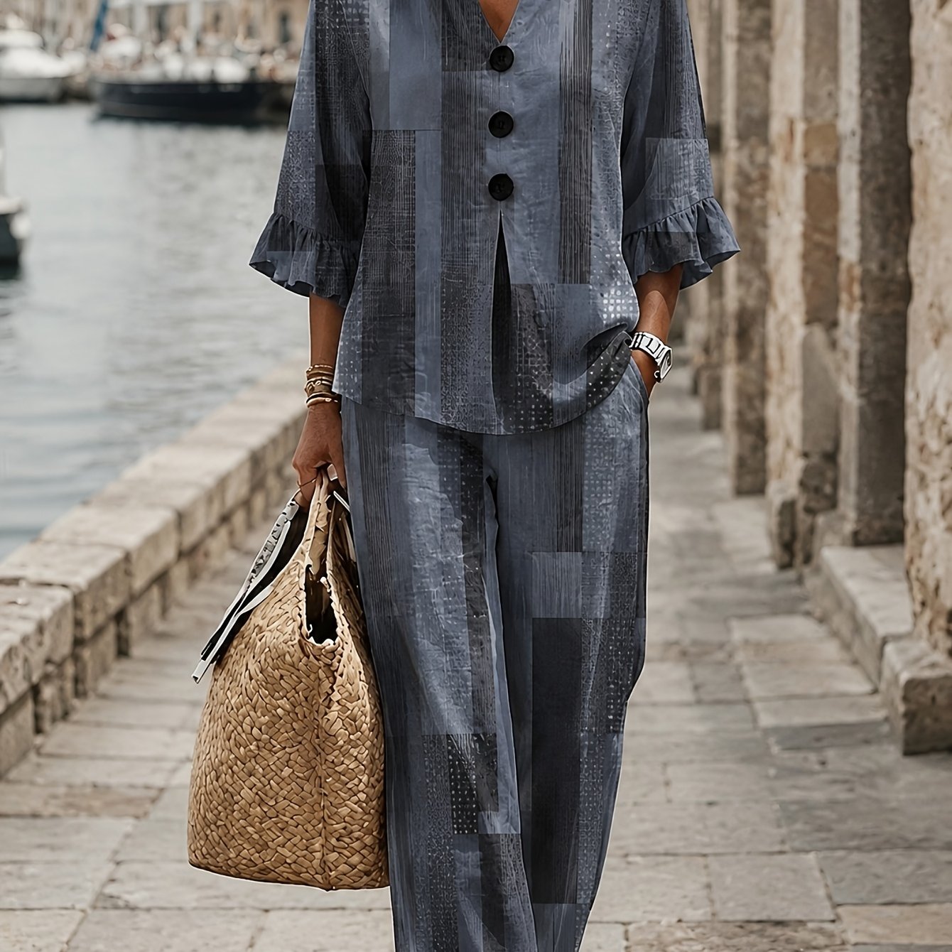 Image of Geometric Set Women 2pcs Outfits Button- V-neck Sleeve Top Wide-leg Pants Casual Vacation Relaxed Matching Loungewear Resort Travel Wear