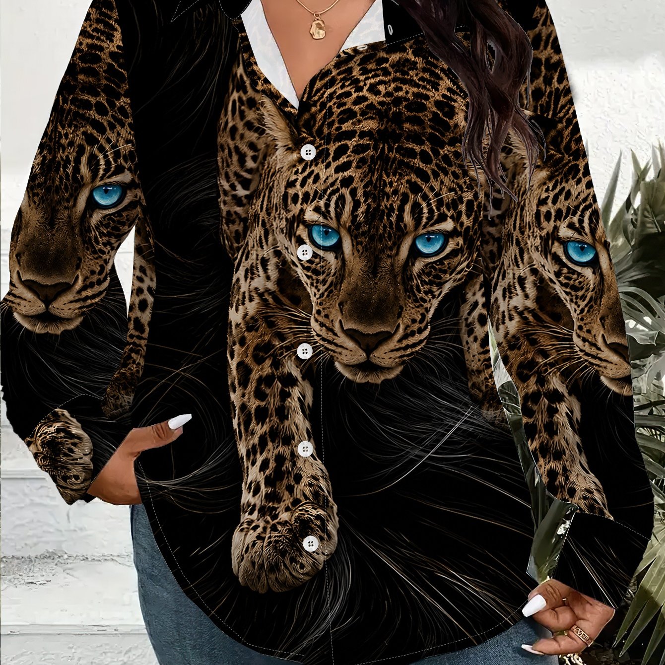 TEMU Women's Plus Size 1xl-9xl Long Sleeve Button Shirt Leopard Print Open Front Casual Blouse Lightweight Loose Top For Daily Wear Women's Clothing