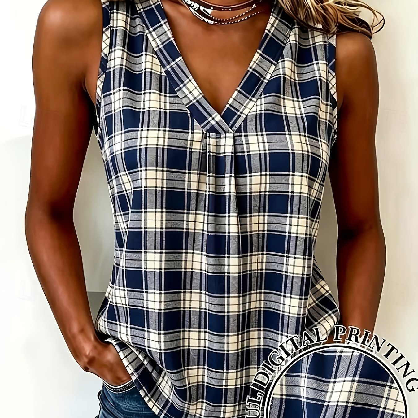 TEMU Women's Vest, Geometric , Elegant Vintage, Fashionable Sleeveless V-neck Regular Top, Daily Casual