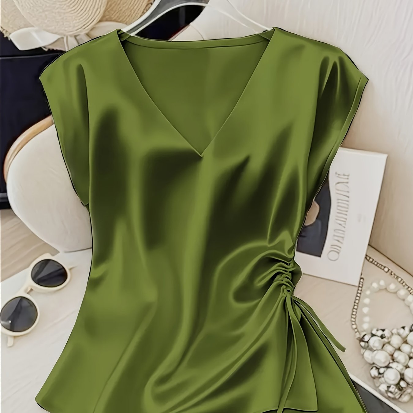 TEMU Camicetta da donna elegante in raso con scollo pieghe
