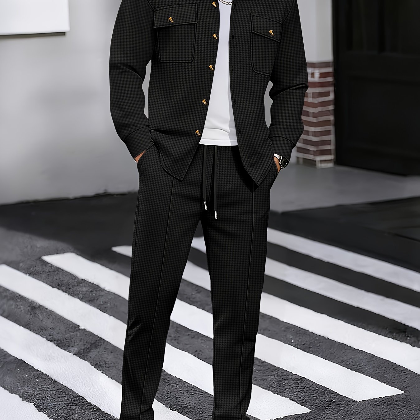 E-shop Neues Herren Waffel Freizeit Set Outdoor Vielseitiges High Fashion Herren Button Open Hemd mit Kragen, Brust Doppelte Tasche Top, Langarm Jacke,