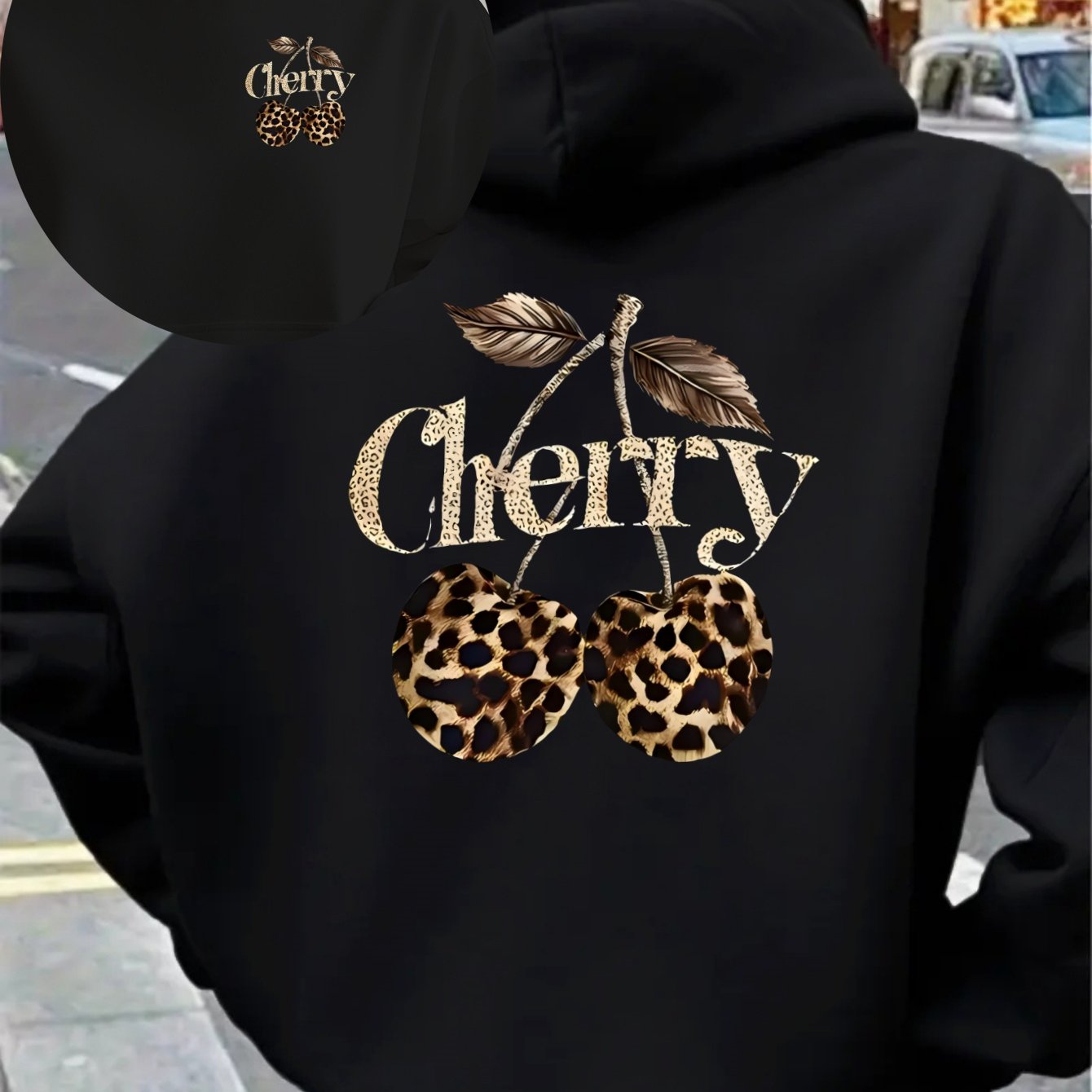 TEMU New Autumn/winter Plus-size Women's Clothing, Long-sleeve -lined Kangaroo Pocket Hoodie Sweatshirt, Featuring A Beautiful Leopard Print Cherry