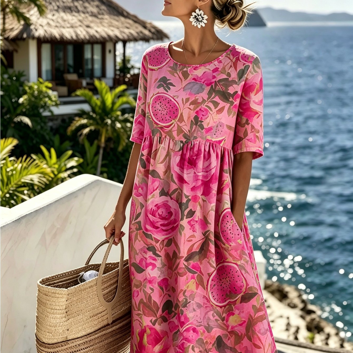 Women's Geometric Print Midi Dress - Round Neck Half Sleeve With Pockets, Casual Loose Fit Summer Dress For Vacation Beach Daily Wear