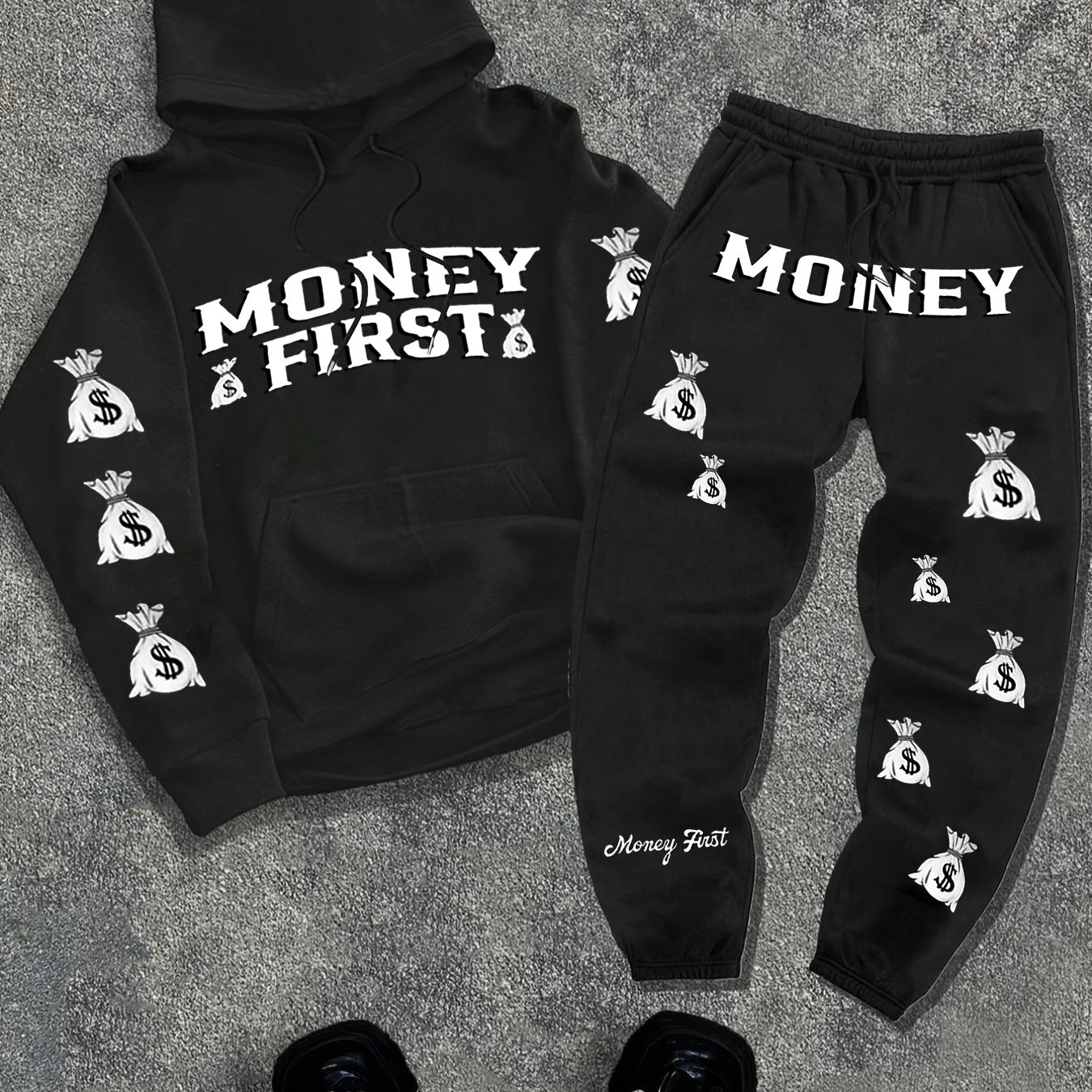 TEMU Y2k Drip Men's Sweatshirt Set Autumn Winter Fleece-lined 2pcs Letter Money Pattern Print Hooded Sweatshirt + Drawstring Casual Sports Trousers