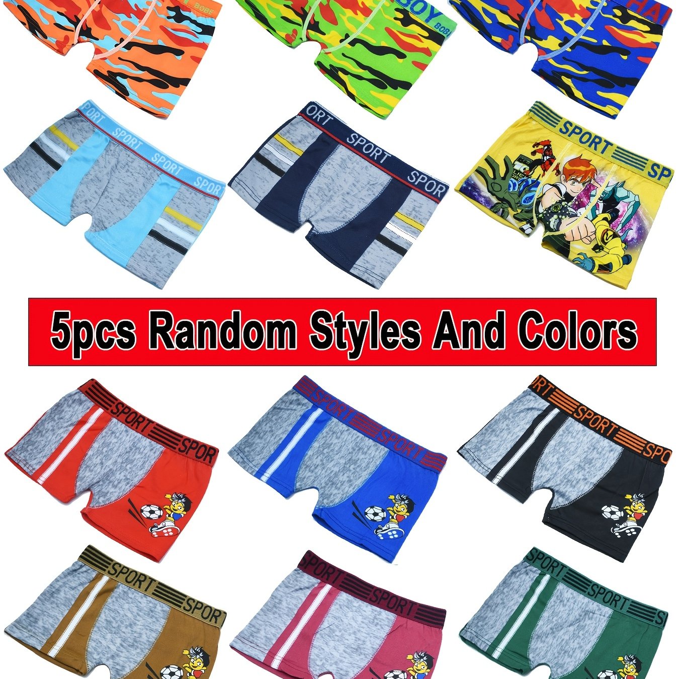 Image of 5-pc Boys' Boxer Briefs With Baseball Print - Moisture-wicking Breathable Underwear, Sport Style, Medium Stretch, Skinny Fit 12 And Under