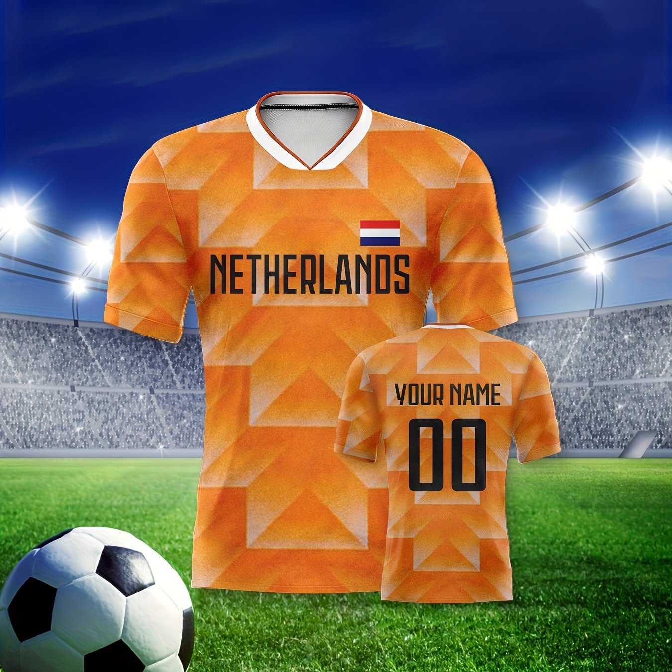 TEMU Individuelles Niederländisches Fußballtrikot - Herren Vibrantes Oranges V-Ausschnitt Kurzarmshirt mit Personalisiertem Namen & Nummendruck,