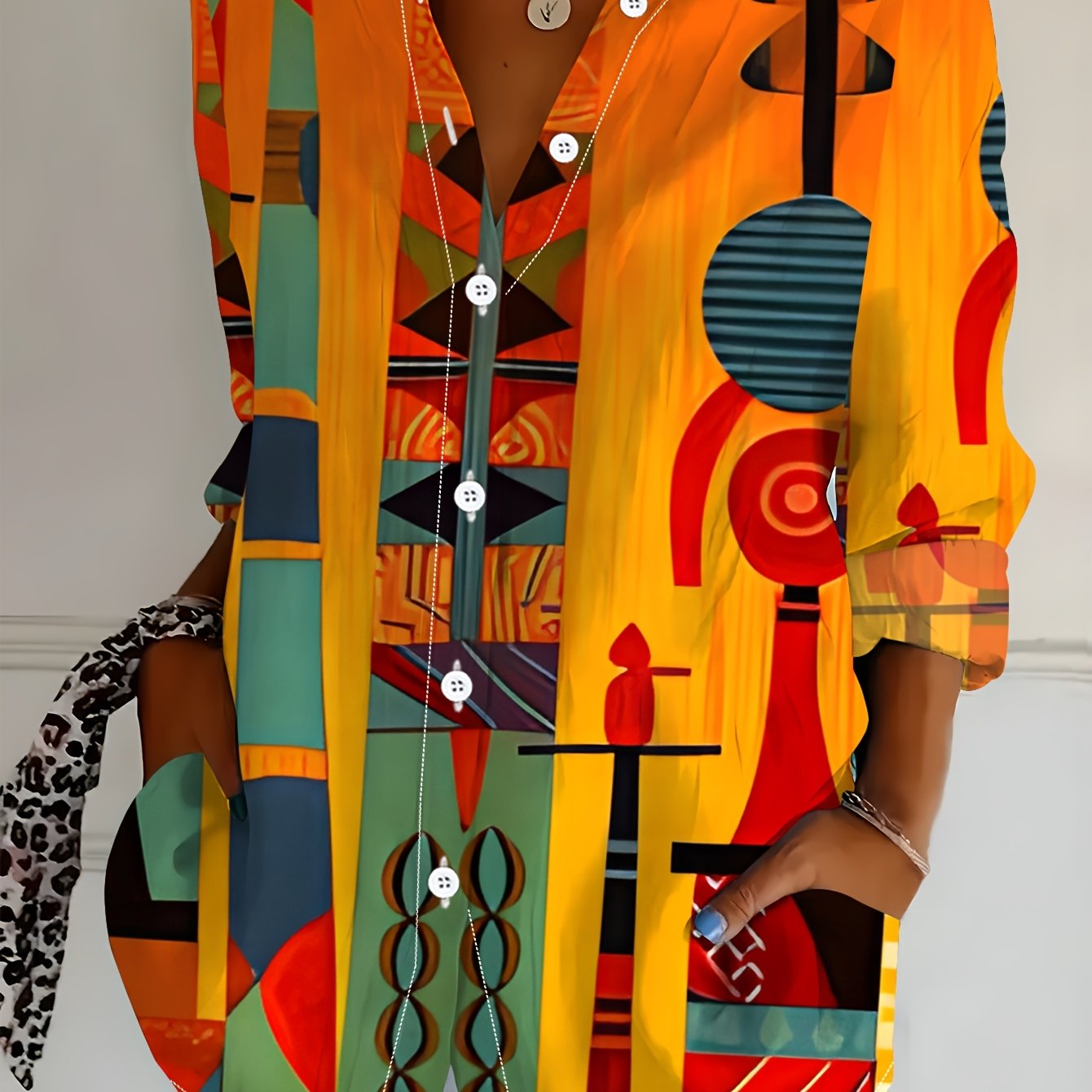 TEMU Plus Size, Plus Size Women's Long Sleeve Shirt, Ethnic Style Loose Fit Printed Shirt With Geometric Patterns, Mid-length Women's Long Sleeve