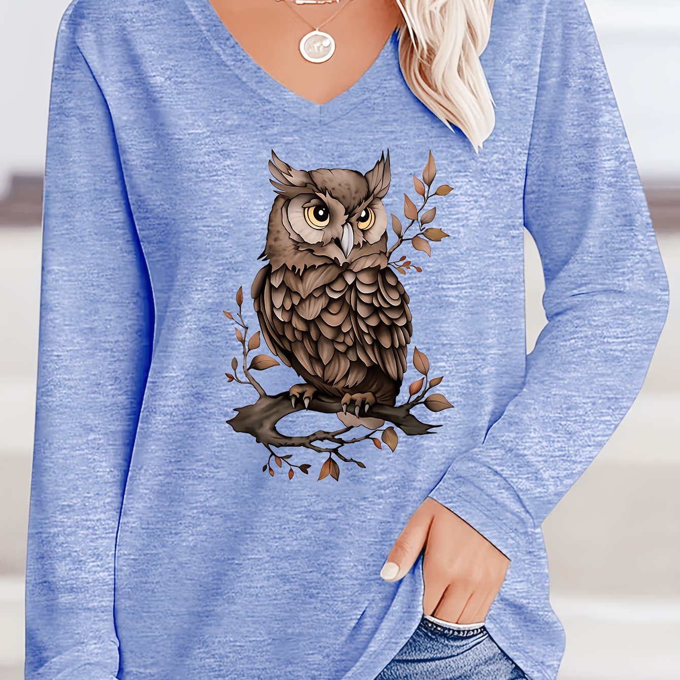 TEMU Women's Casual Long-sleeve V-neck T-shirt With An Owl Print - A For