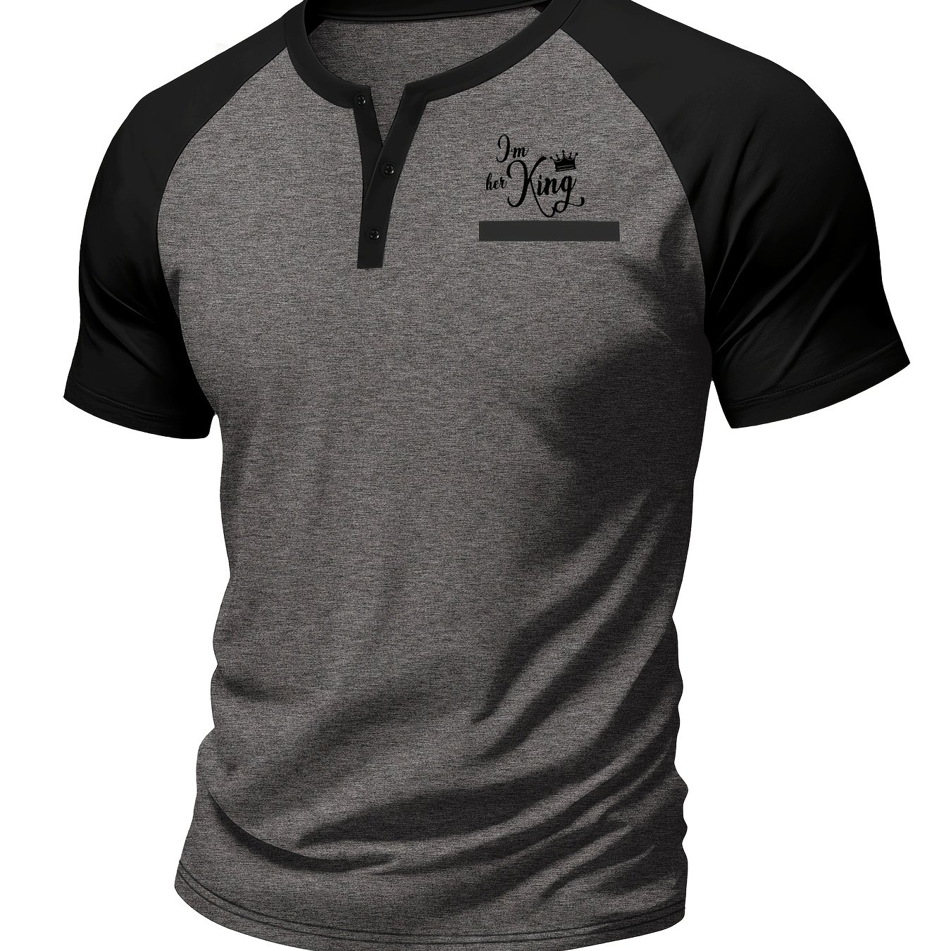 TEMU 2025 Summer 's Henry Collar Short-sleeve T-shirt, I'm King Personalized Letter Print Design, Shoulder-sleeve Design With Half-open Button Front,