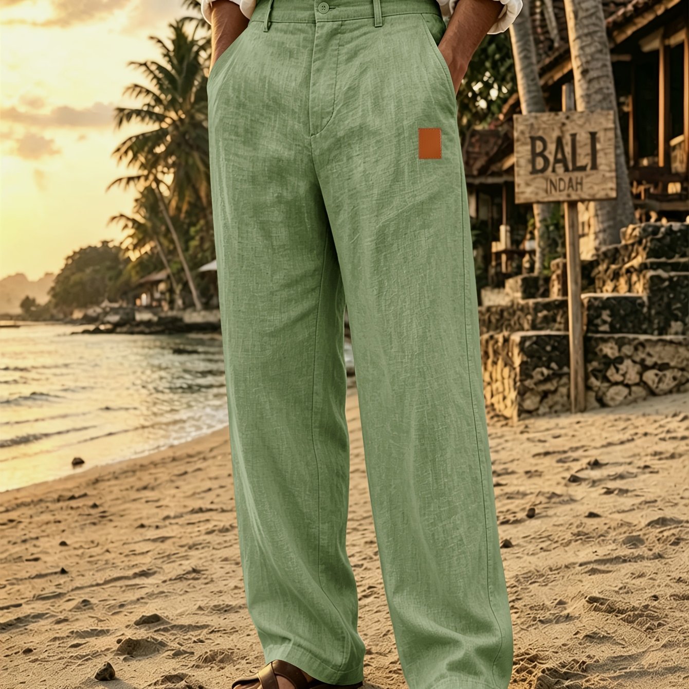 TEMU Men' Linen Straight Trousers, Lightweight Breathable Summer Casual Beach Pants, With Button Waistband
