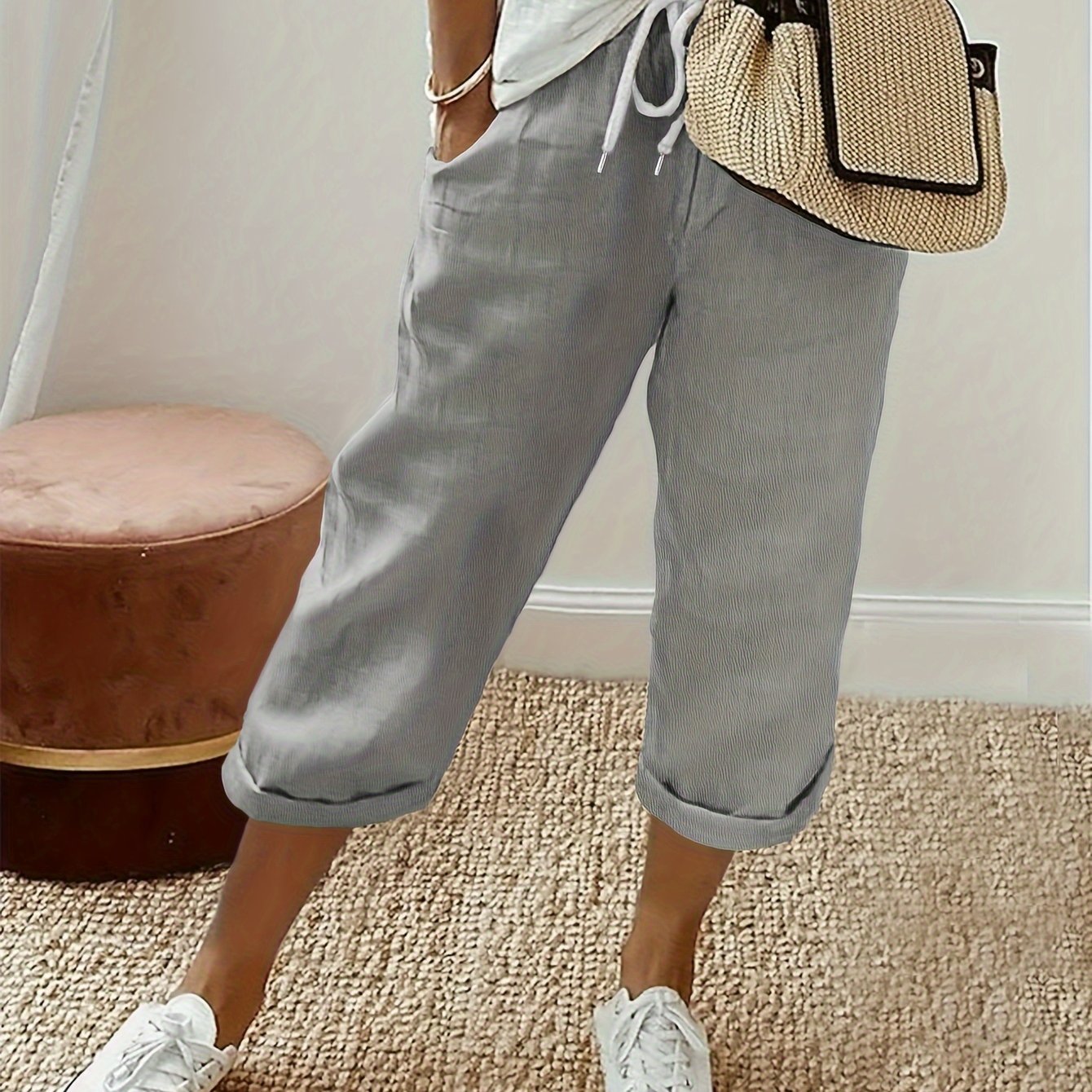 TEMU Women's Casual Solid Loose Drawstring Capri Pants