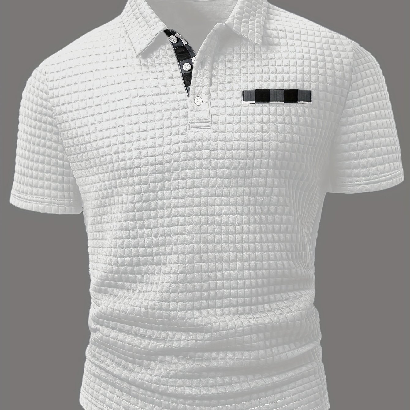 Image of Men's Shirt Square Checkered Texture Solid Pattern Short Sleeve Collar Top Non-positioned Fabric Random Cut Checkered Pattern Fashion Casual Daily Wear Business Casual Attire