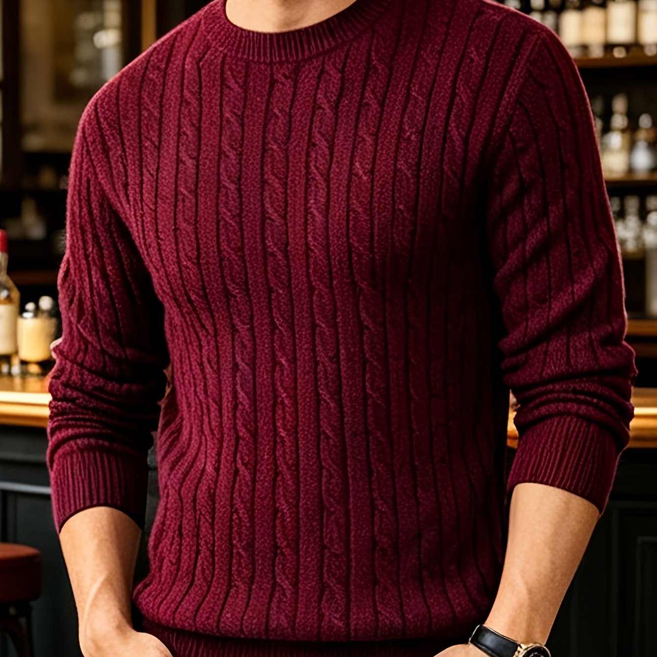 TEMU Men's Cable Knit Round Neck Sweater, Fall Winter Business Casual Versatile Long Sleeve Top, Textured And Clear, Retro Style, Suitable For