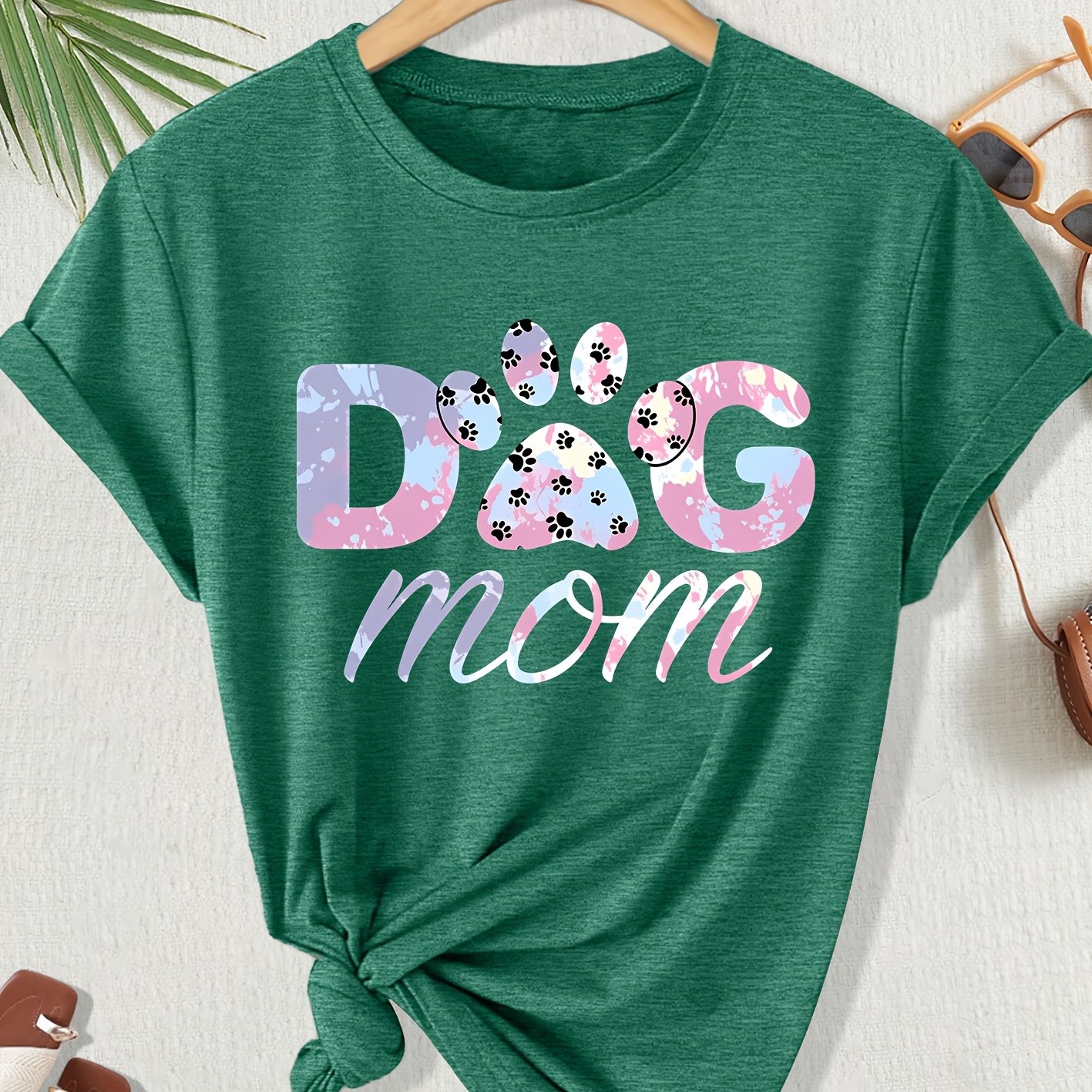 TEMU Elegant Casual Plus Size Short Sleeve T-shirt | "dog Mom" Print, Comfortable Soft Breathable, Fashionable For Commuting And Vacation, Versatile
