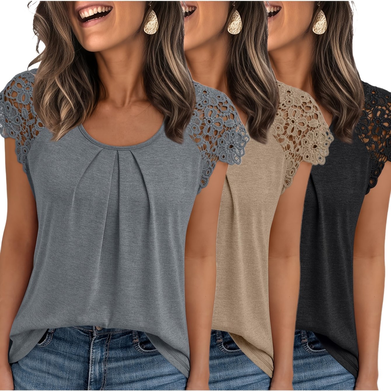 E-shop 3-teiliges Set Damen Freizeit-Top, modisches Business-Hemd mit Spitzenbesatz, elegantes plissiertes Kurzarm-T-Shirt