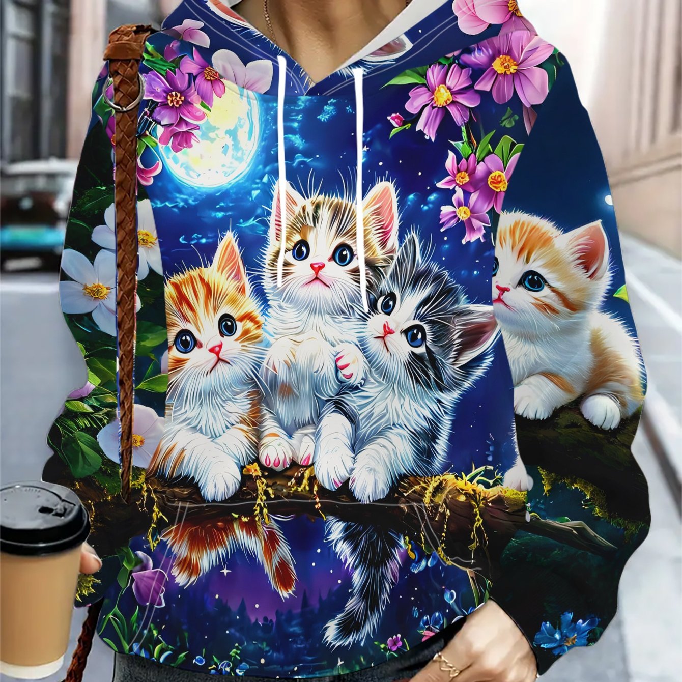 TEMU Women's Hooded Sweatshirt Cute Cat Moonlight Floral Pullover Shirt Spring , Casual Daily