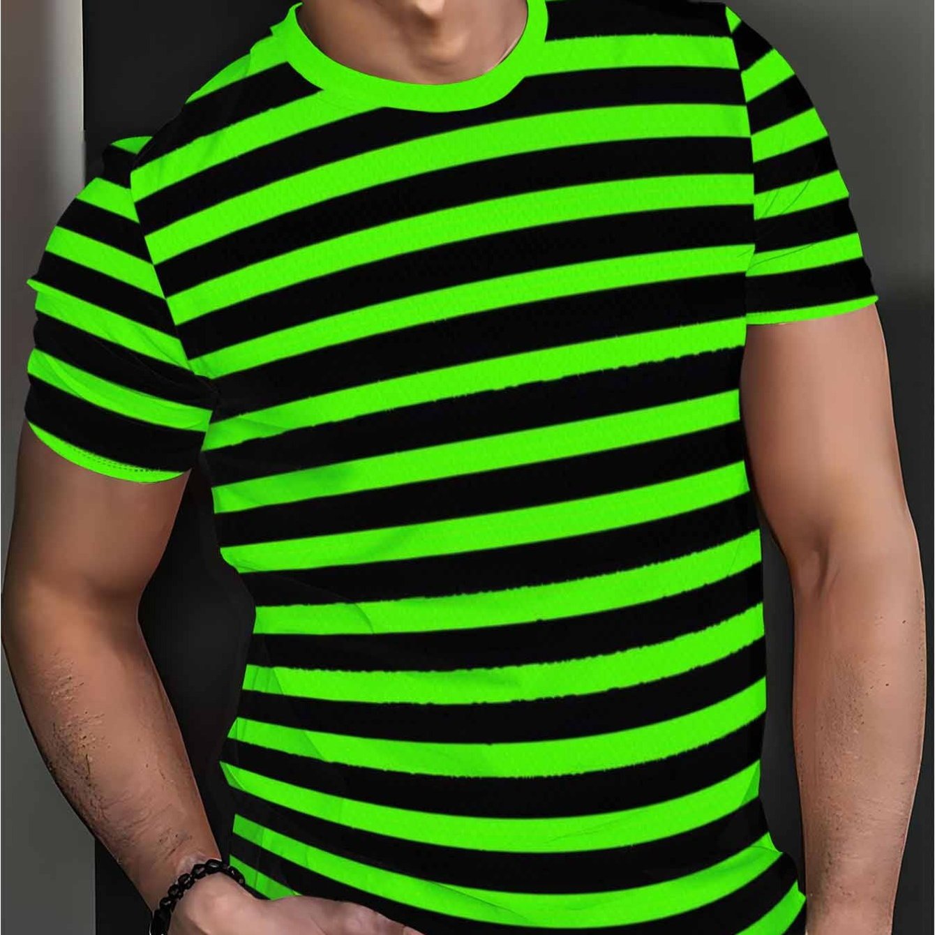 TEMU 's Fluorescent Green And Black Striped Crew Neck T-shirt, Summer Casual Breathable Short Sleeve Top