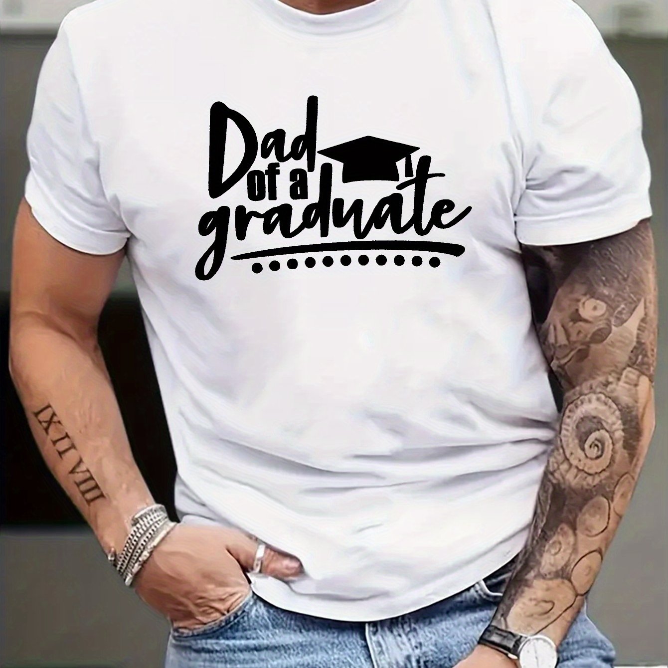 TEMU Dad Of A Graduate Print, Men's Round Crew Neck Short Sleeve, Tee Fashion Regular Fit T-shirt, Casual Comfy Top For Spring Vacation Men's Clothing As Gift