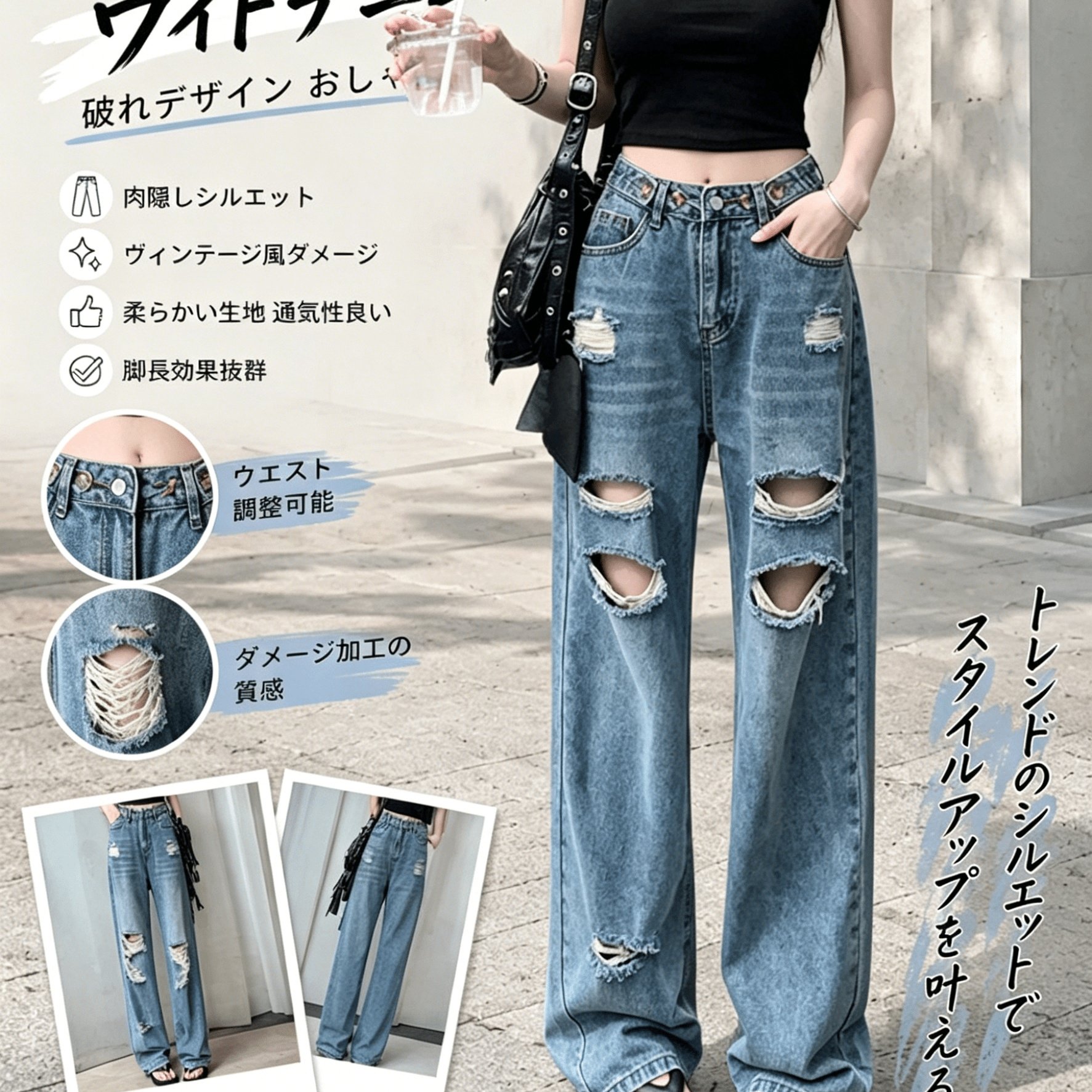 TEMU 女性用ピアスジーンズ、背伸び、夏用ハイウエスト、ゆったりフィット、リップドホール、加工、おしゃれストレートレッグジーンズ