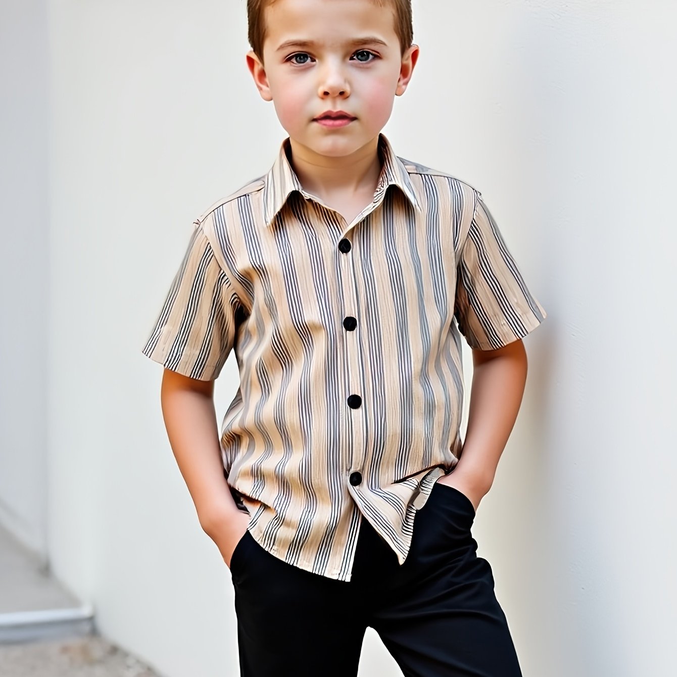 Image of Boys' Fashionable Summer Suit - Striped Shirt & Shorts Set For Outdoor Activities, 2pcs Outfit