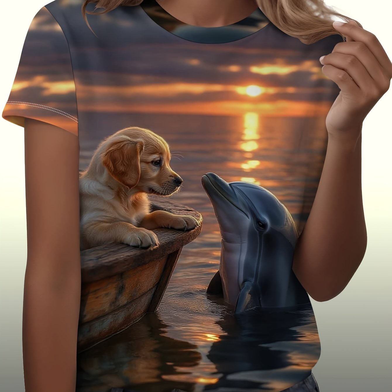 TEMU Plus Size - [printed Design - Not Textured / 2d Printing] Style Seaside Puppy Dolphin Print Short Sleeve T-shirt Women's Sunset Scenery Fashion