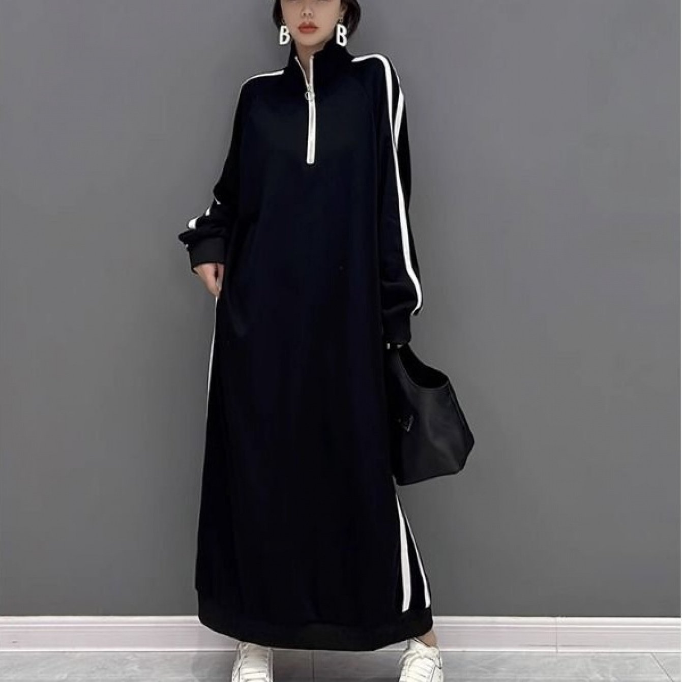 TEMU プラスサイズ レディース 和風ゆったりドレス - 長袖フロントスウェットシャツドレス パッチワークストライプ ミドル丈 カジュアルコーデ 洗濯機対応 春/秋ドレス