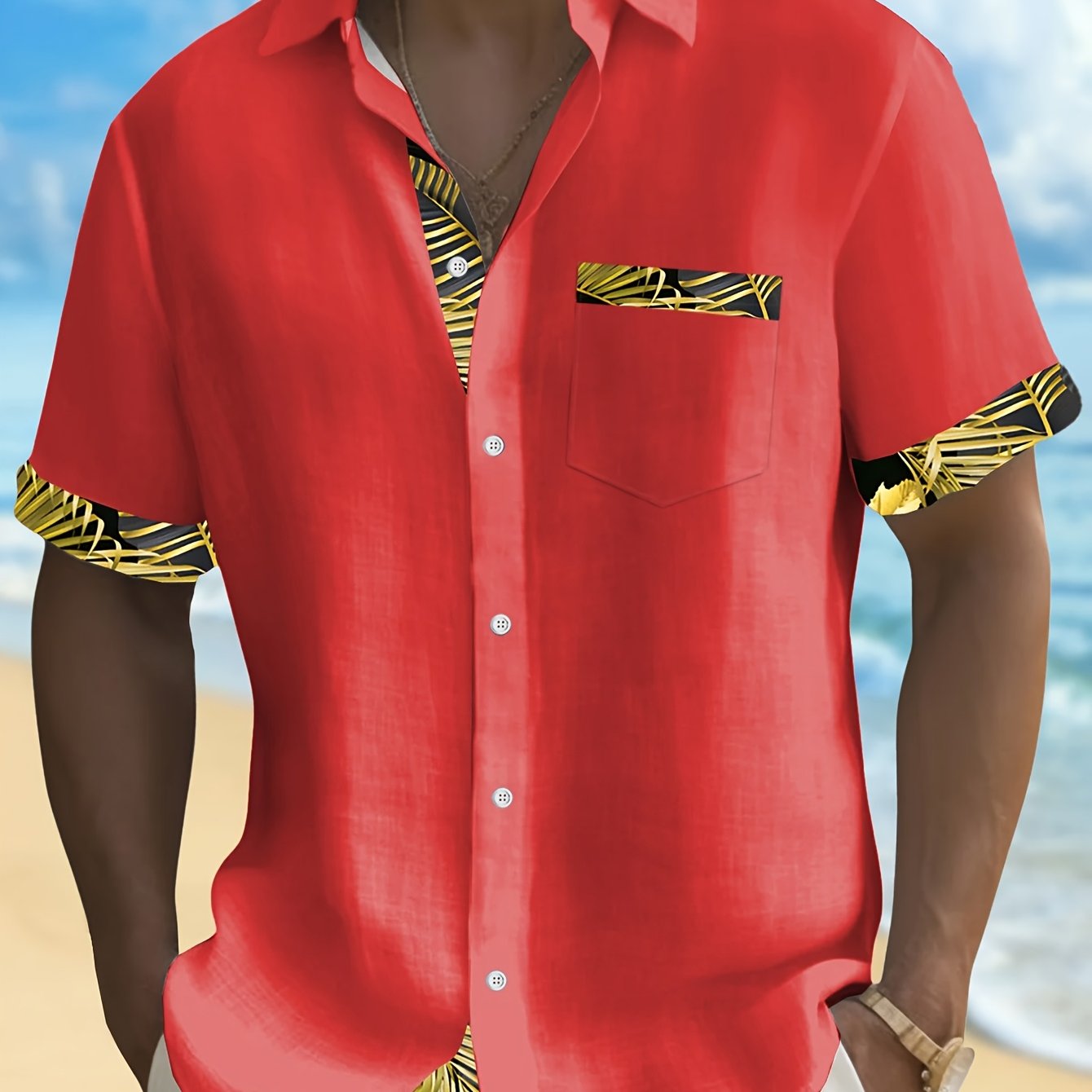 Hawaiian Golden Floral Men's Button-up Pocket Short-sleeve Shirt