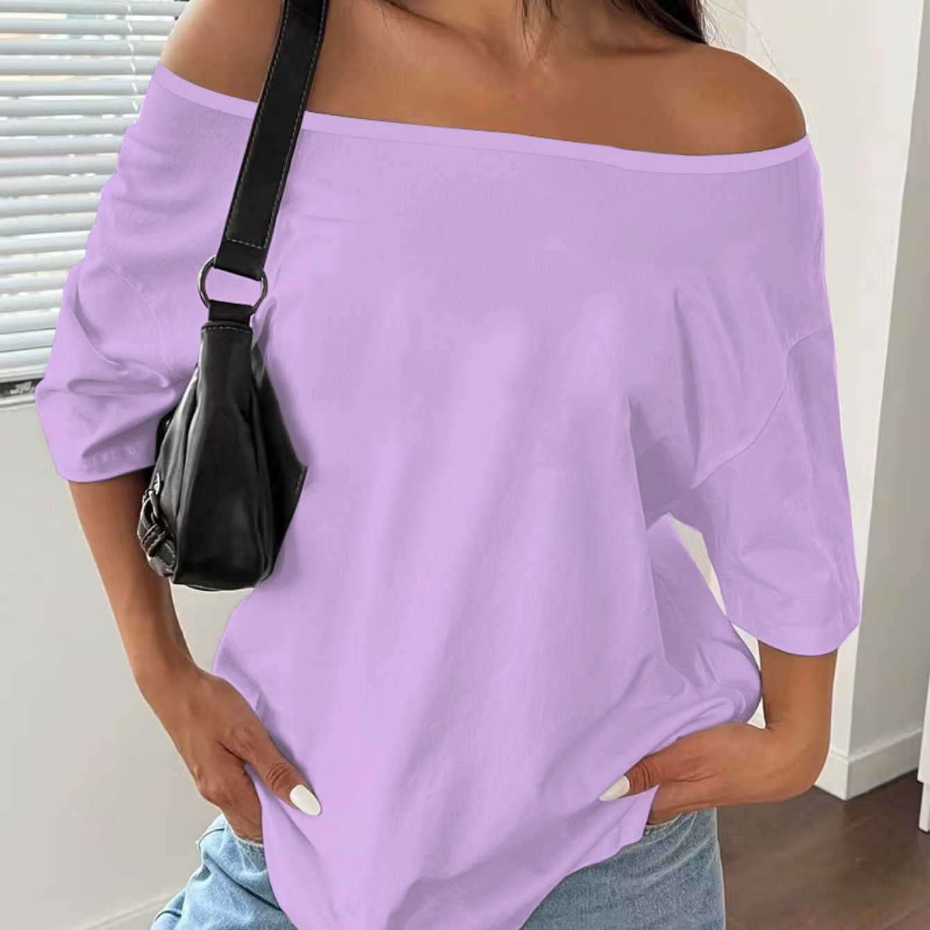 TEMU Women's Off-the-shoulder T-shirt, Solid Color