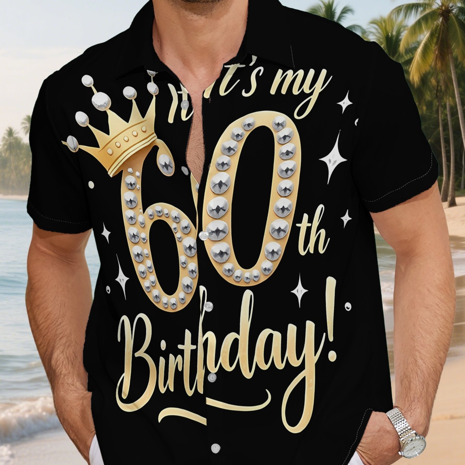 TEMU Men's Short-sleeve Shirt- And Number , , Casual Collar, Stylish And Versatile, Suitable For Dates, Beach Vacations, And As A Gift For Men, Plus