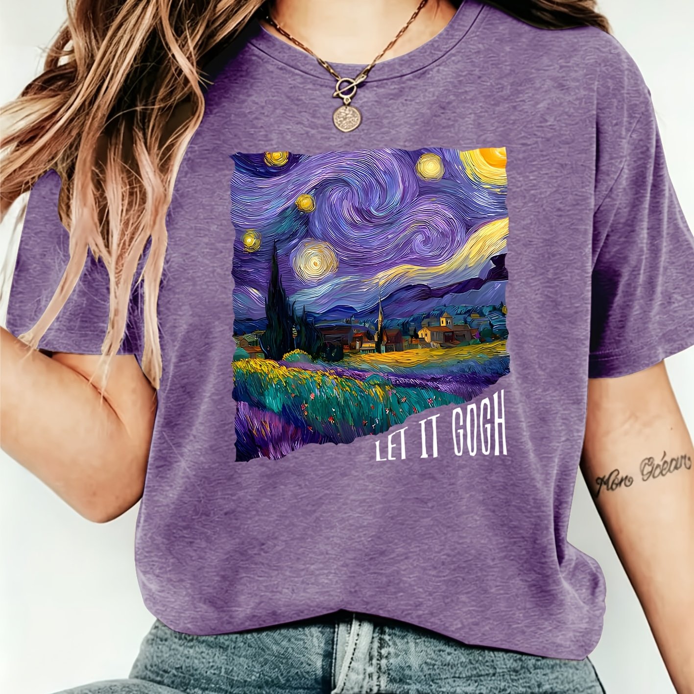 TEMU Women's Elegant Plus Size Short Sleeve T-shirt, Van "starry Night" Oil Painting " " Fun Printed Pattern Round Neck Casual Sport Tee, Gift,