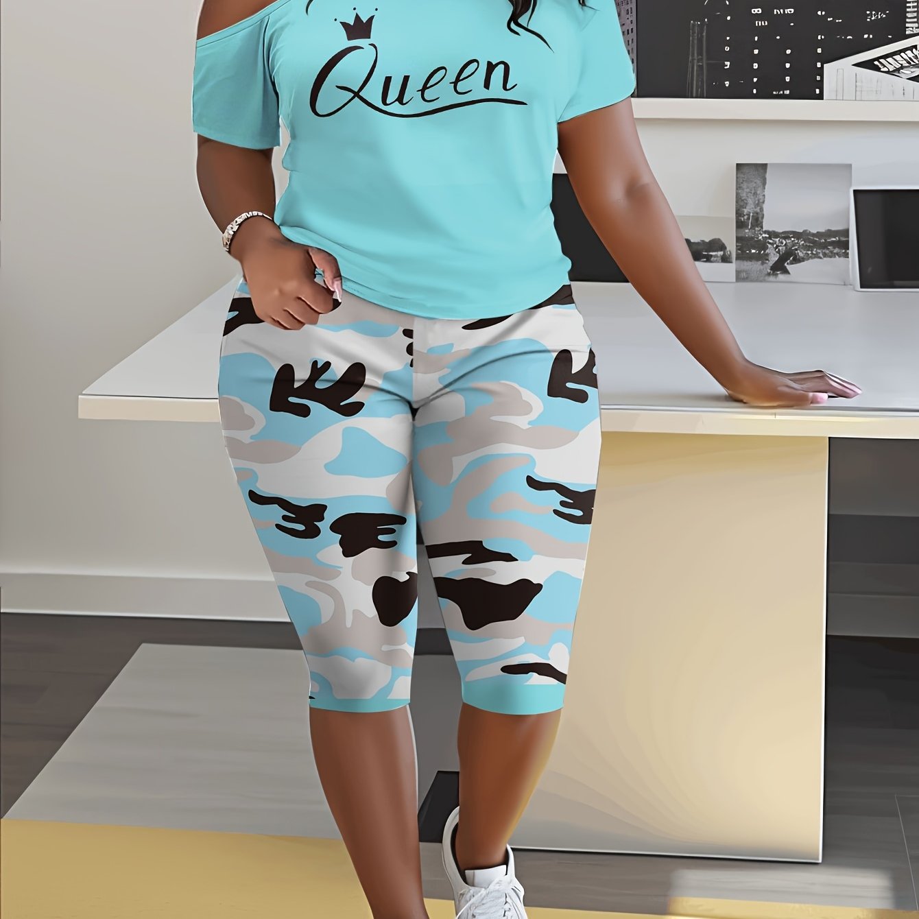 TEMU Plus Size - Ladies Plus Size Daily Casual One-shoulder Short Sleeve Two-piece Outfit, Diagonal Shoulder Design, Slim Fit Camouflage Pants Suit