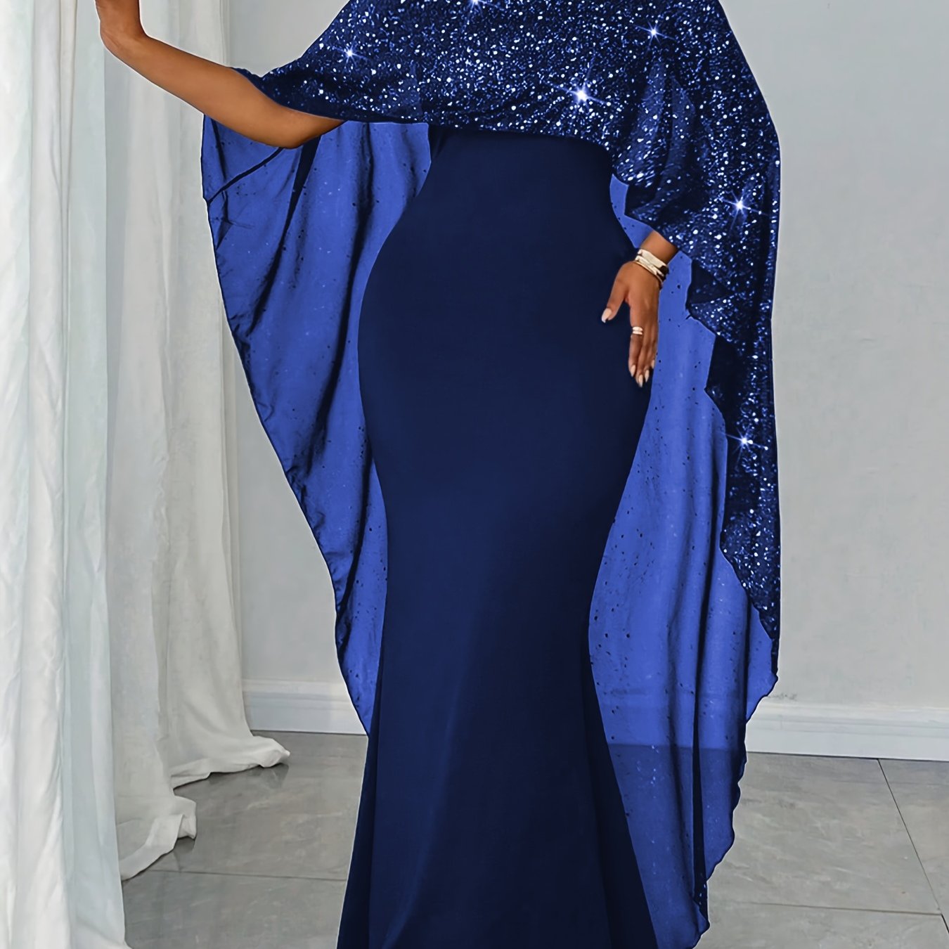 Plus Size, Women's Fashionable And Elegant Versatile Star-spotted Design Cape- Hip-hugging Plus-size Dress