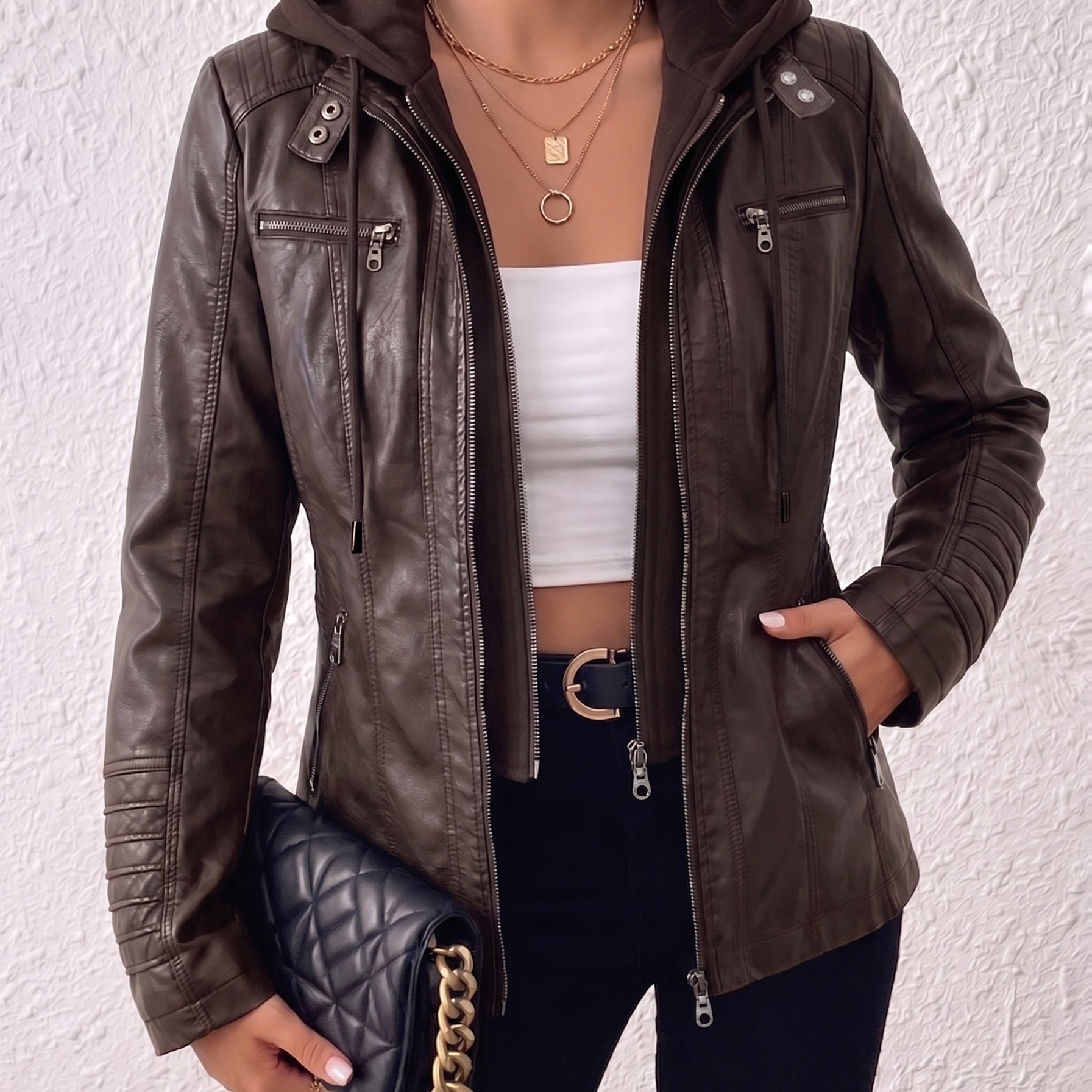 TEMU [size For Regular Fit]removable Hood Faux Leather Jacket Women Slim Fit Biker Jacket Fall Winter Style Multi-pocket Coat