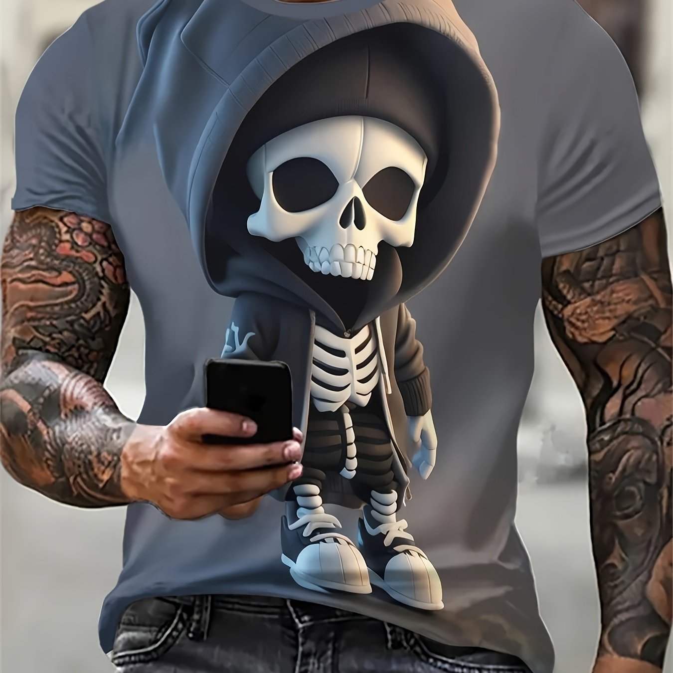 E-shop Vintage Herren T-Shirts Sommer Böse Skelett-Print Shirts Casual Kurzarm Halloween Rundhals T-Shirts
