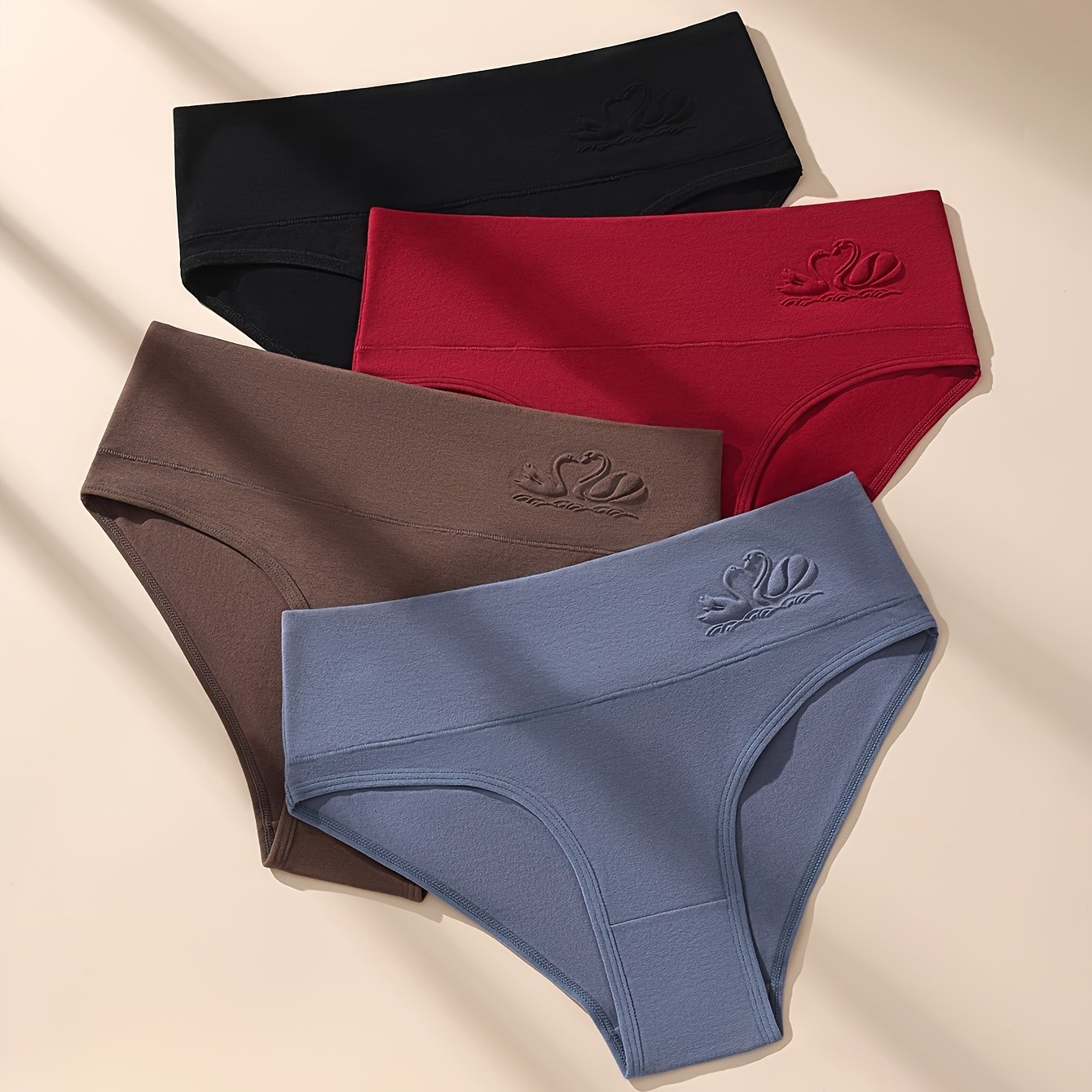 Set Of 4 High-waisted Women's Patterned Panties, Solid Color Briefs For, Comfortable Pure Underwear