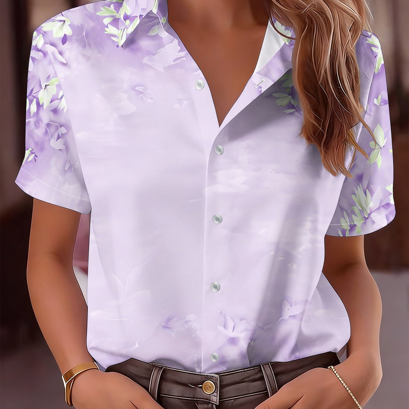 TEMU 2026 New Women's Short-sleeve Shirt, Purple Floral Print Top, Fresh Vine Plant Pattern Blouse, Elegant And Versatile Shirt For Commuting And