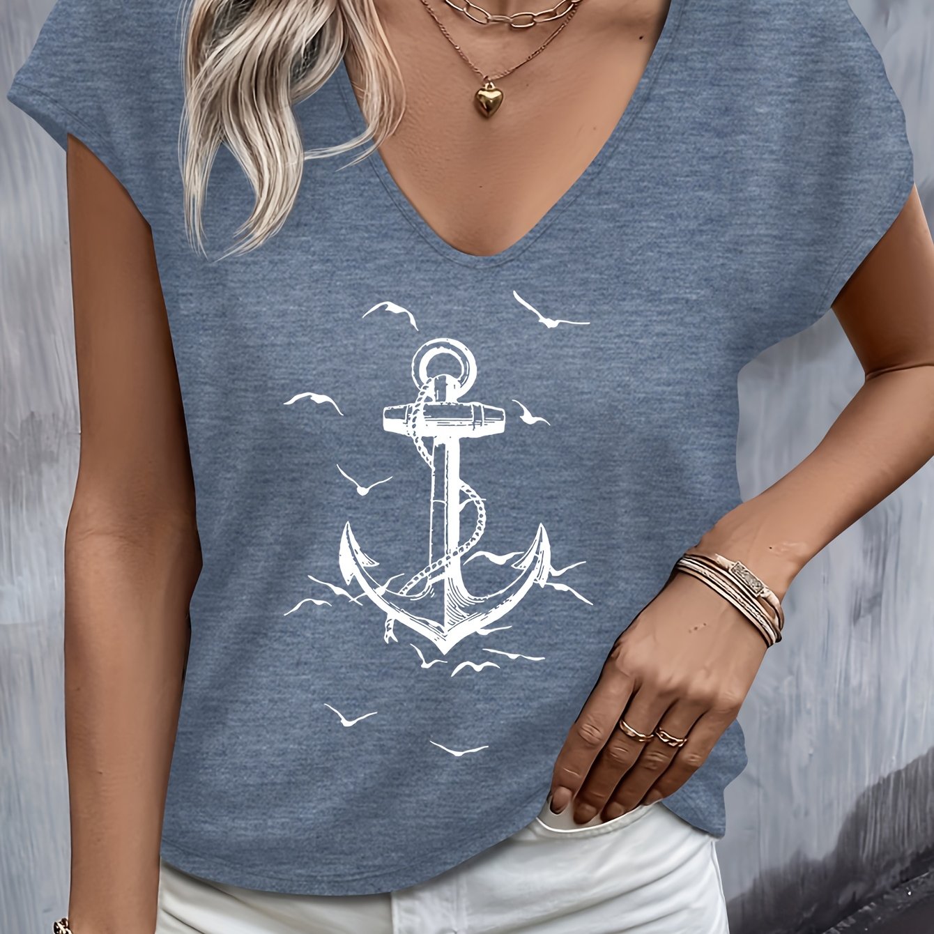 TEMU Anchor And Seagull Pattern Print Spring/summer Vest-style V-neck One-shoulder Short-sleeve T-shirt