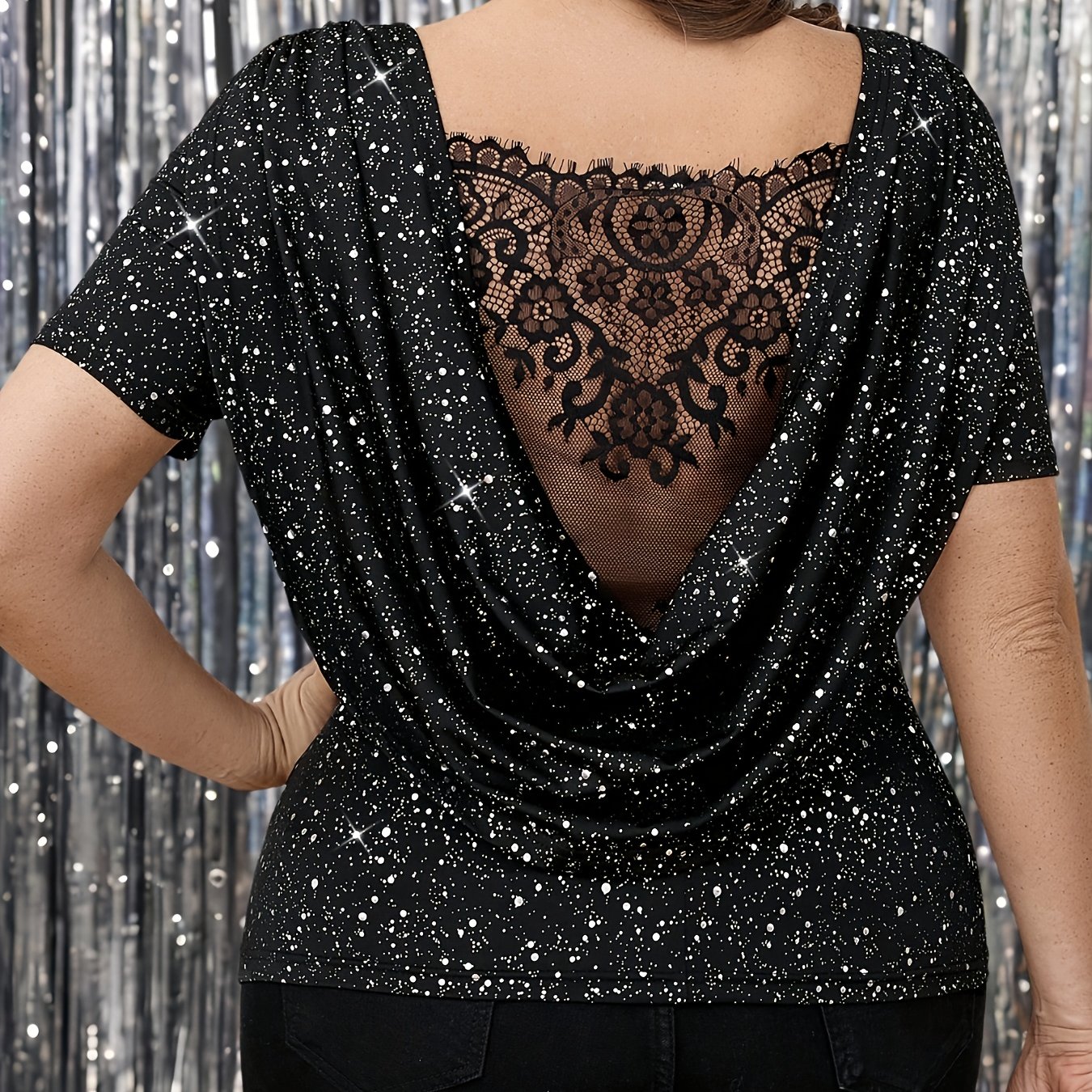 TEMU Plus Size - Plus Size - Plus Size Women's Elegant Lace Sequin Print Short-sleeved Top, Summer Women's Fashion T-shirt