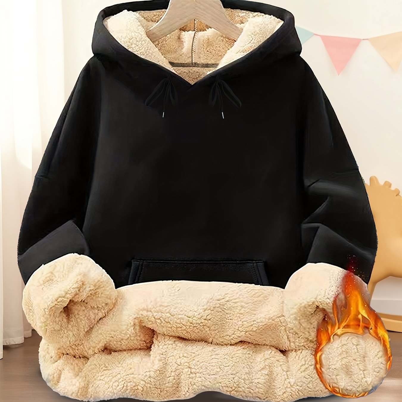 TEMU 2026 New Women's Drawstring Pocket Hooded Sweatshirt, Fleece-lined Hooded Sweatshirt, Thick Wind-resistant Fabric, Casual And Y, Inner For ,
