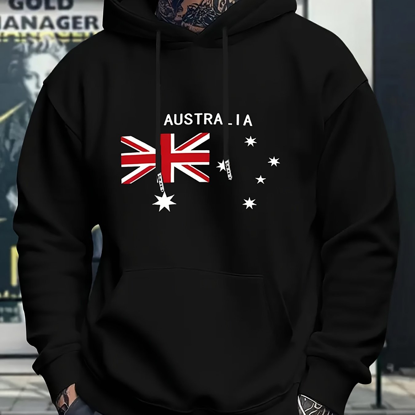 TEMU Men's Australian Flag - Black Sweater With Drawstring Hood Pullover For Gym Hiking And Leisure Outdoors Machine Washable Winter Fleece Warm