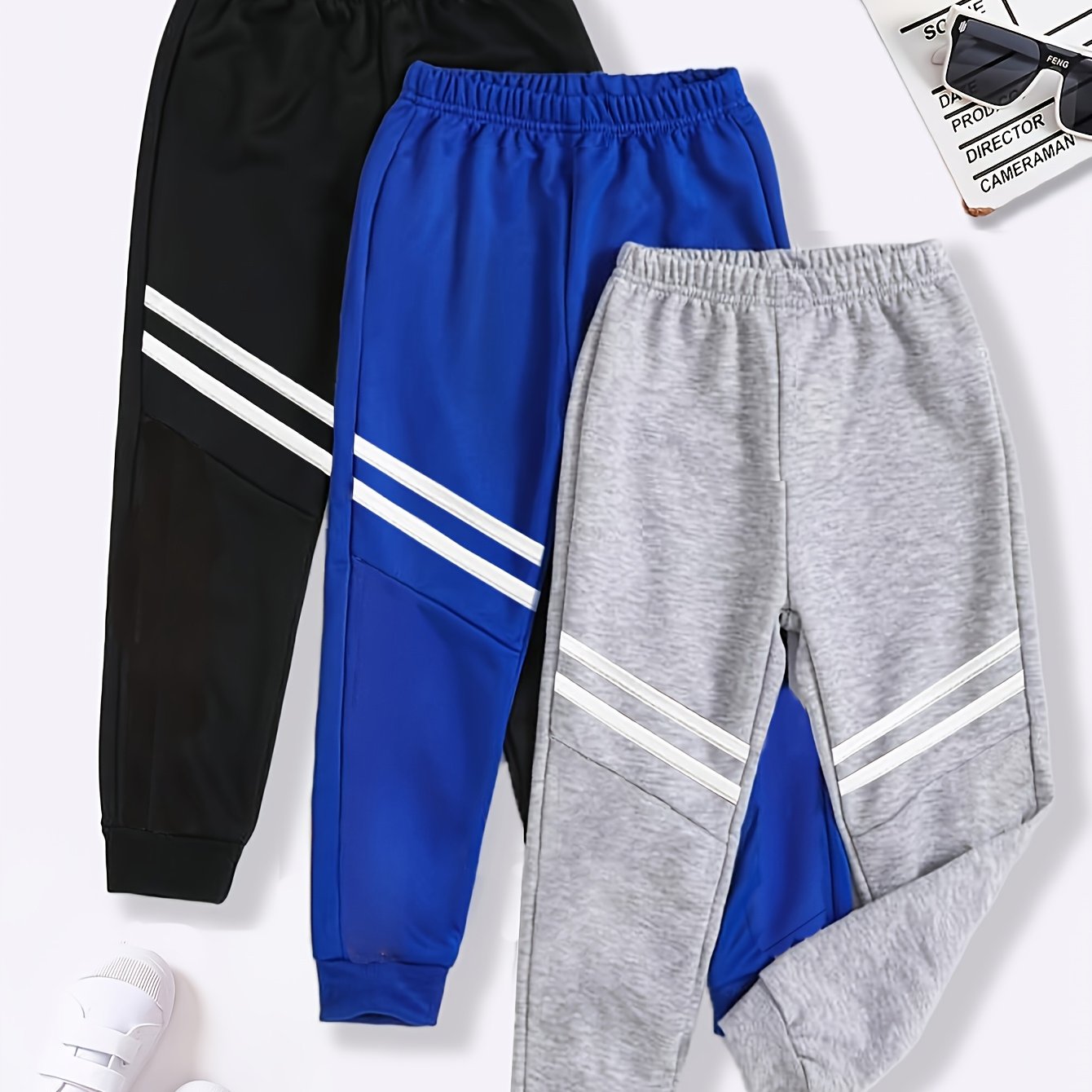 Image of 3pcs Boys' Loose Knit Pants With Fashion , Outdoor Casual Versatile Sports Trousers For Boys, Perfect For Outdoor, , Striped, Loose Fit, Sporty Style