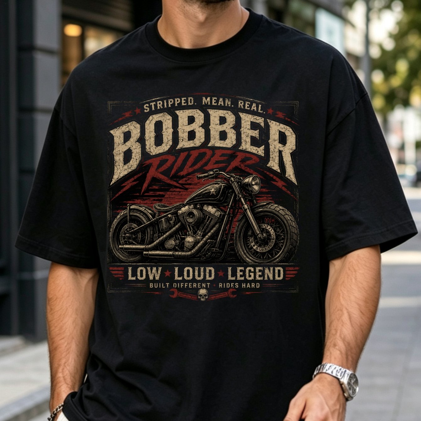 Image of Bobber Motorcycle Graphic T-shirt - Vintage With Bobber Rider Print, Suitable For Casual Wear & Motorcycle Enthusiasts, Machine Washable Round Neck Tee For Riding Apparel