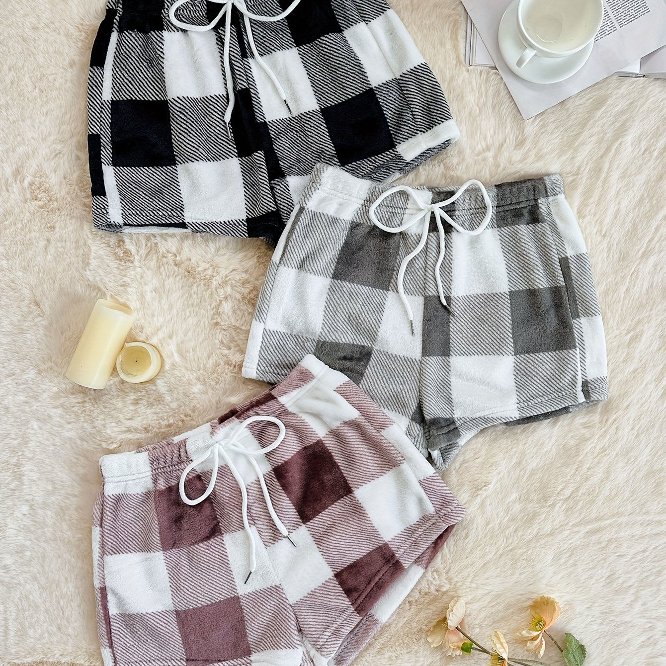 TEMU Three-piece Set Of Thick Plaid Plush Shorts For Women, Suitable For Autumn And Winter Sleepwear