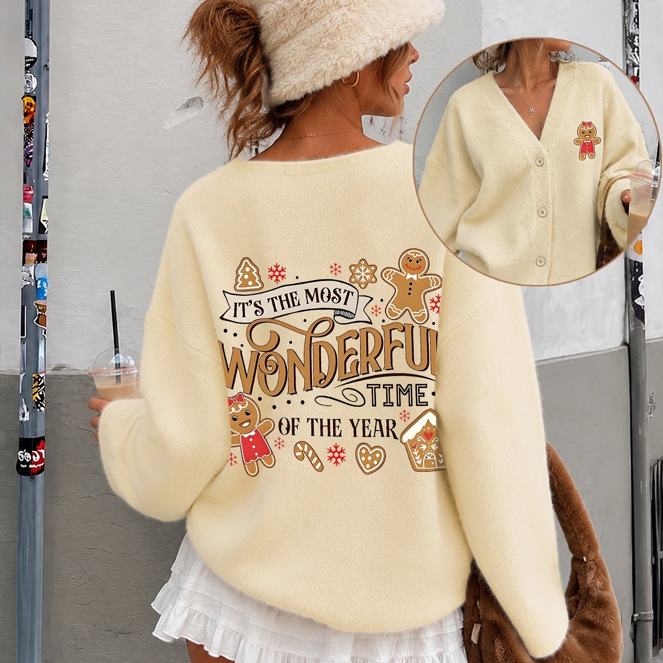 TEMU Women's Autumn Winter Fun "cute Gingerbread Man Pattern" Christmas Soft Comfortable Cardigan Sweater Jacket, Street Fashion Commute All-match