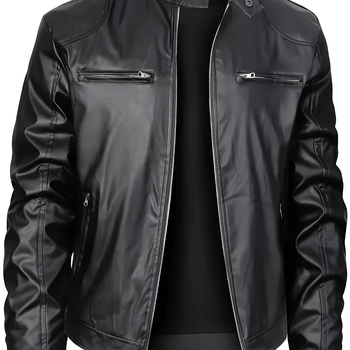 TEMU Chaqueta de PU para hombre con cuello , decoración de bolsillos con cremallera, estilo de motociclista, TALLA GRANDE