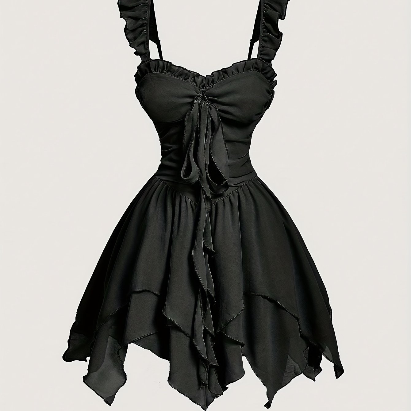 TEMU Black Romantic Elegant Halter Top With Layered Ruffle Trim, Goldfish-shaped Hem, Asymmetrical Skirt, Double-layered Design, Suitable For Dates,