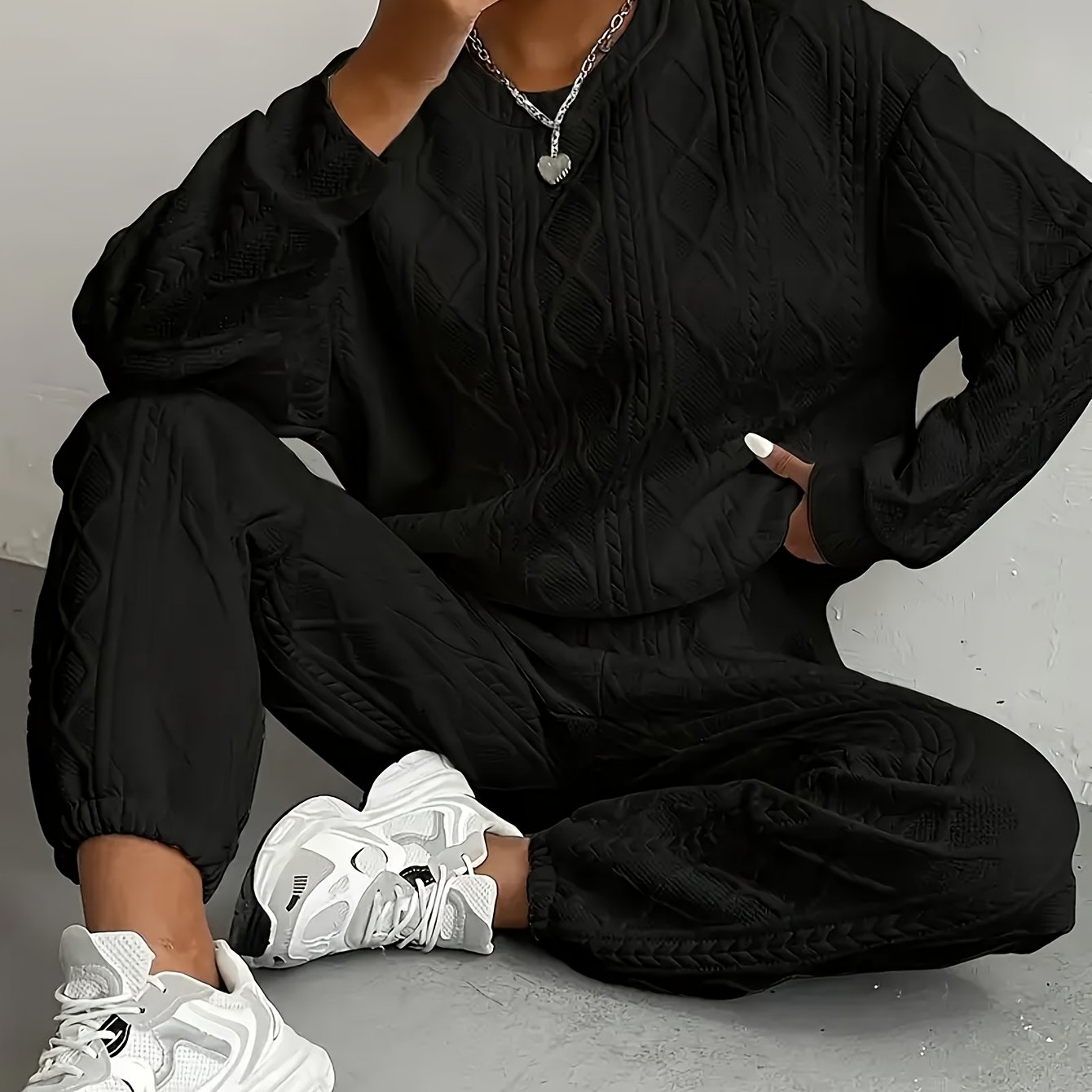 TEMU And Of European And American Women's Clothing - Jacquard Long - Sleeve Casual Round - Neck Sweatshirt And Trousers Set.women's Suits,