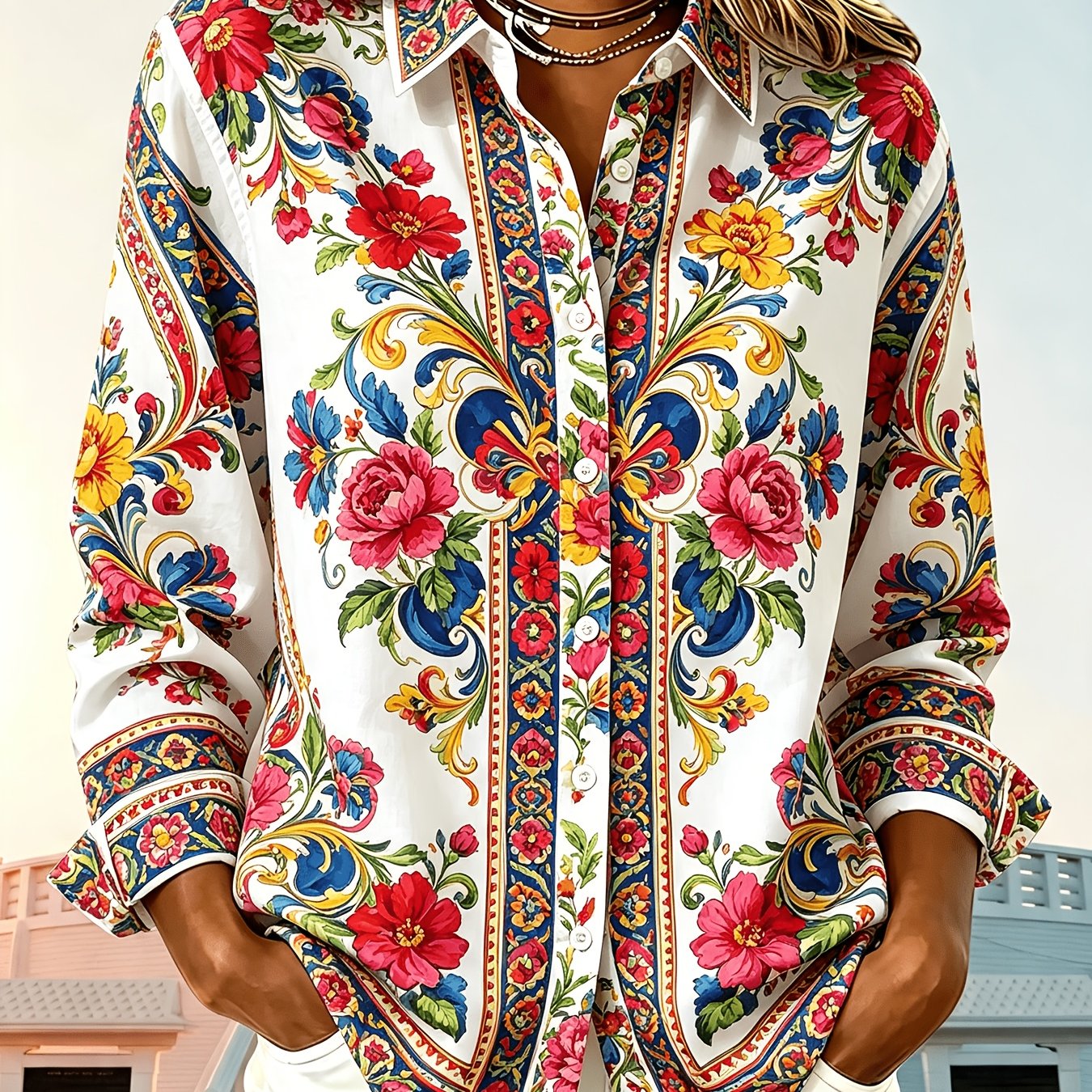 TEMU [Design Imprimé - Non Texturé] Chemise Décontractée à Floraux pour Femmes - Haut Boutonné à Manches Longues, Design Toutes , Lavable en Machine,