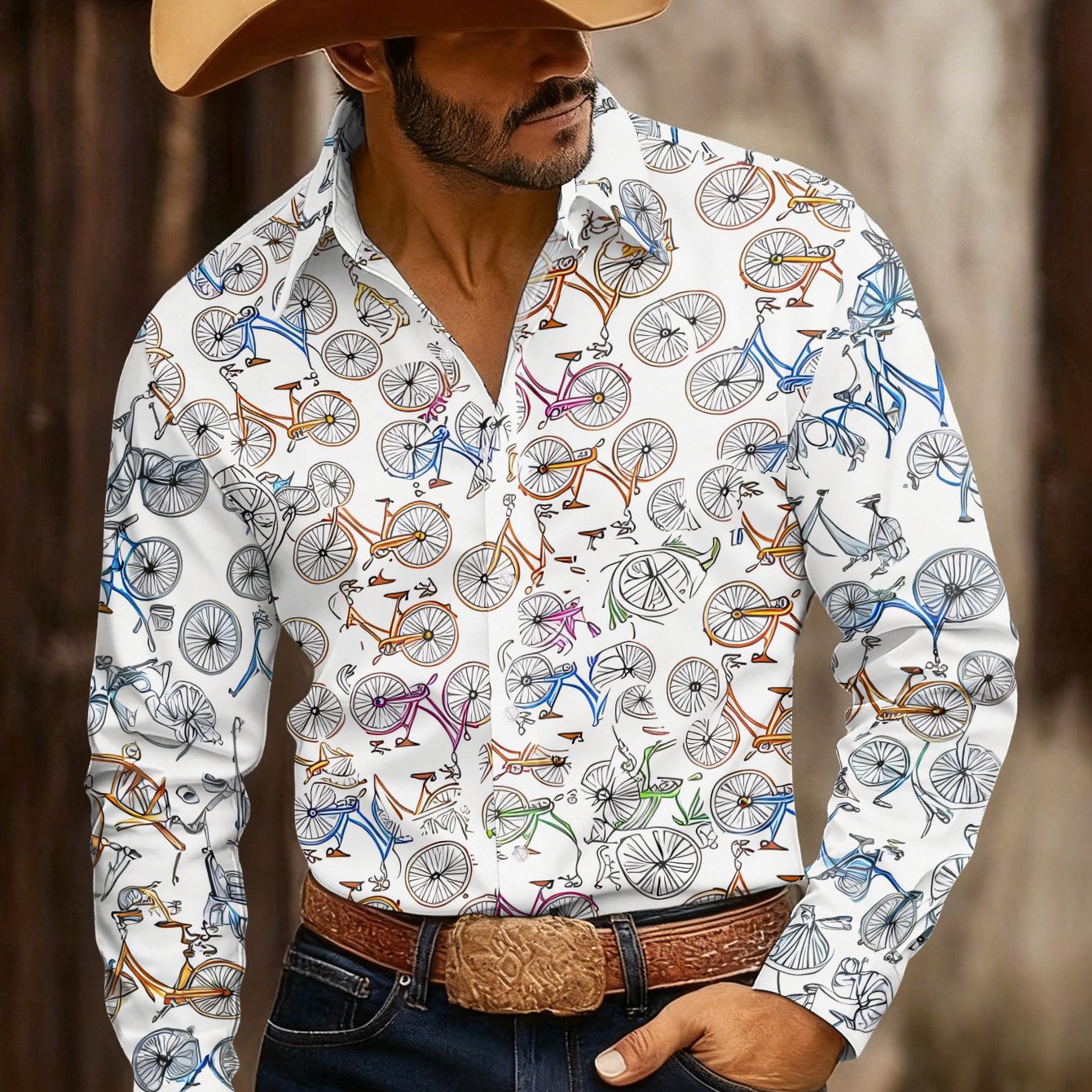 TEMU Men's Full-body Bicycle Print Button-up Shirt - Collar Long Sleeve Casual Blouse Top With Full-print, Machine Washable Suitable For Spring/fall,