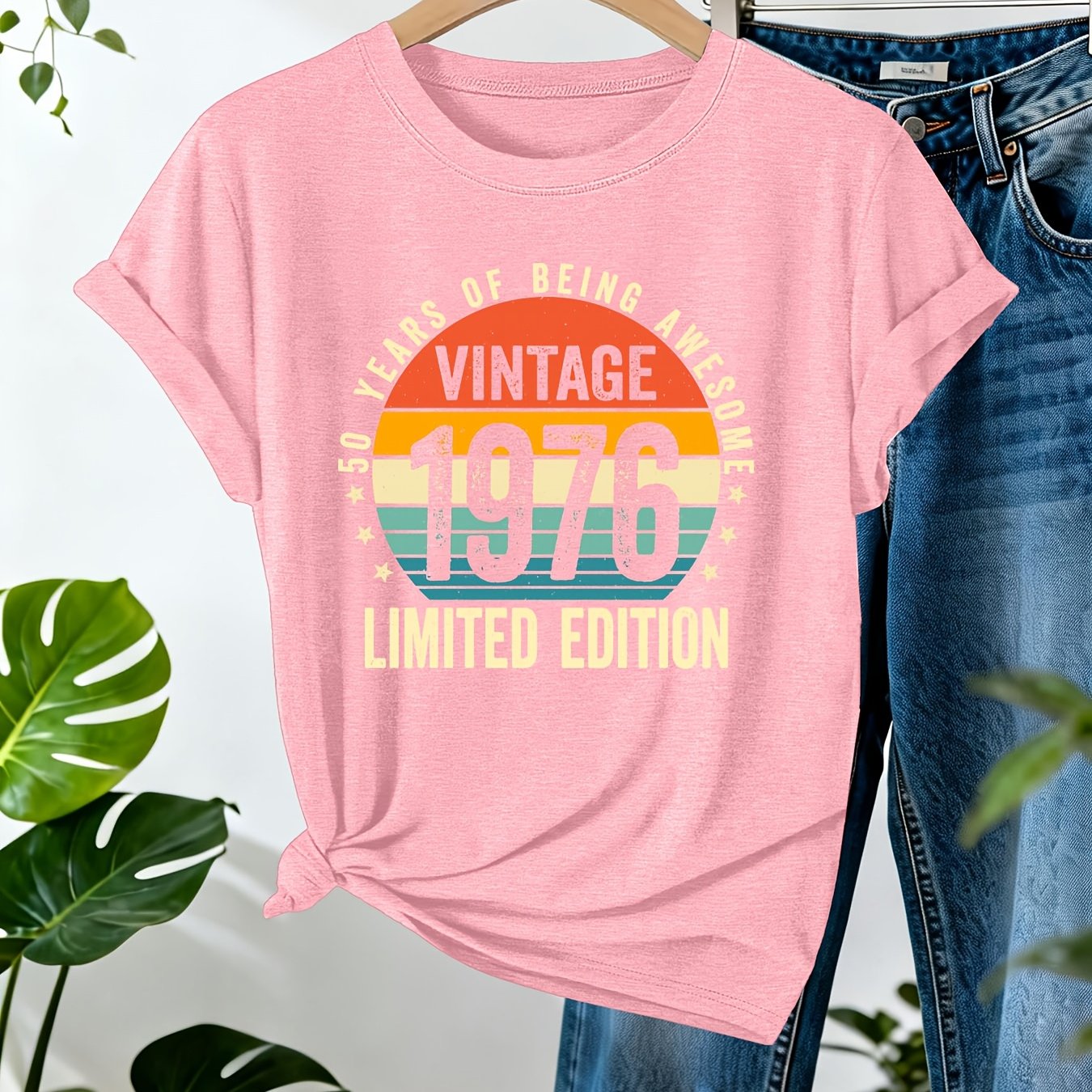 TEMU Vintage 1976 Edition 50th Birthday Print T-shirt, Short Sleeve Crew Neck Casual Top For Summer And Spring, Women's Clothing